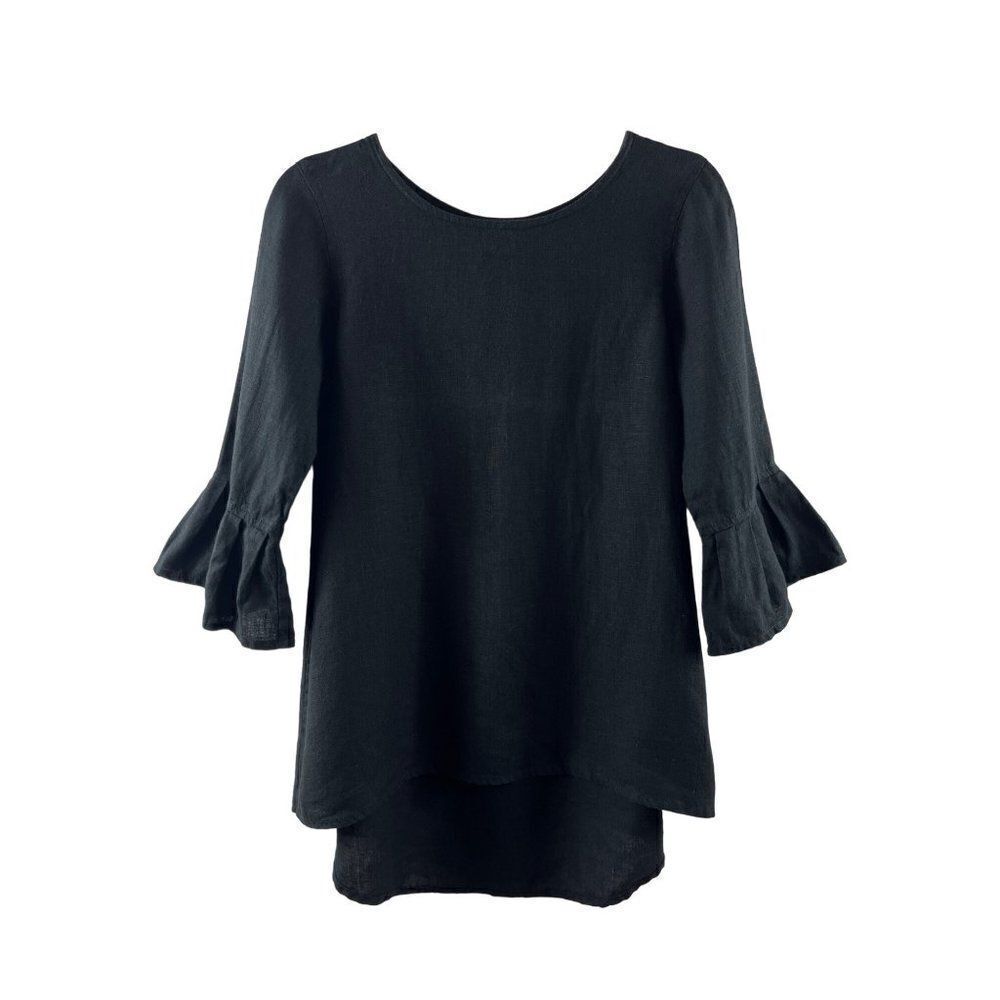 Crown Linen Designs 3/4 Bell Sleeve Hi-Lo Tunic Blouse XS Black European Linen